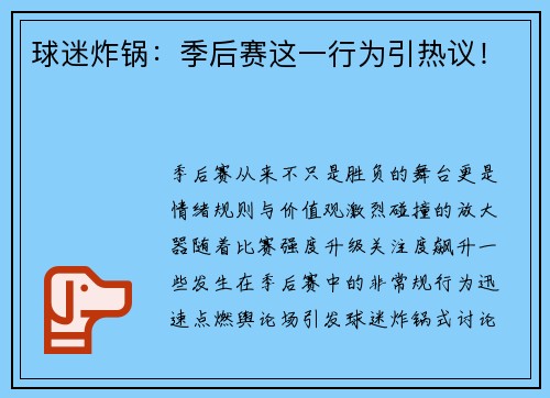 球迷炸锅：季后赛这一行为引热议！